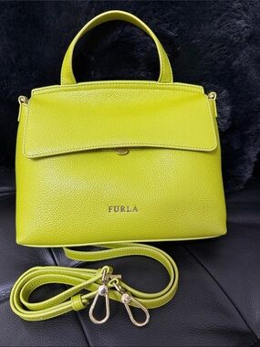Furla Lime Green Pebbled Leather Top-Handle Satchel with Crossbody Strap